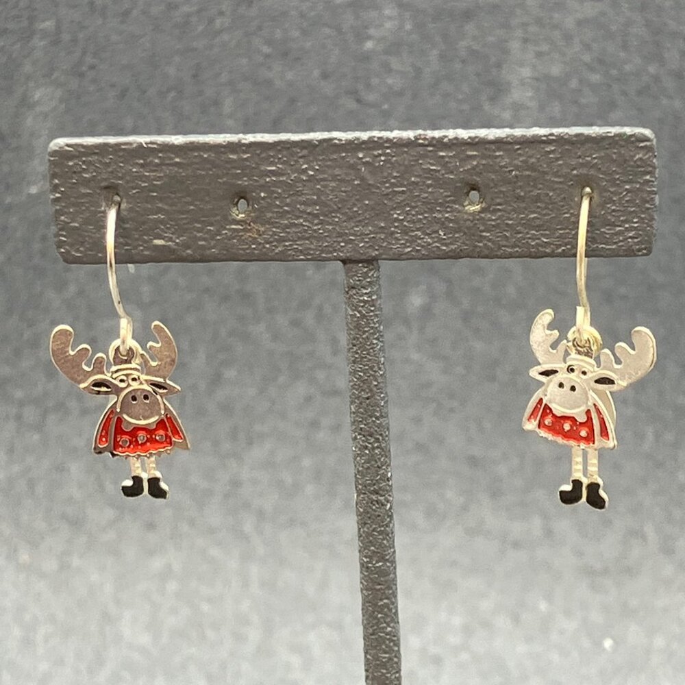Moose Dangle Pierced Earrings Silver Red Dress Black Shoes Layered Quirky Retro